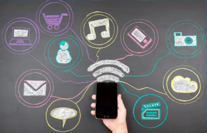 Social media app logo and a child holding a smart phone