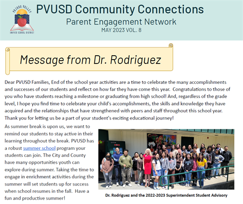 Snapshot of the cover of the PVUSD Community Connections Newsletter