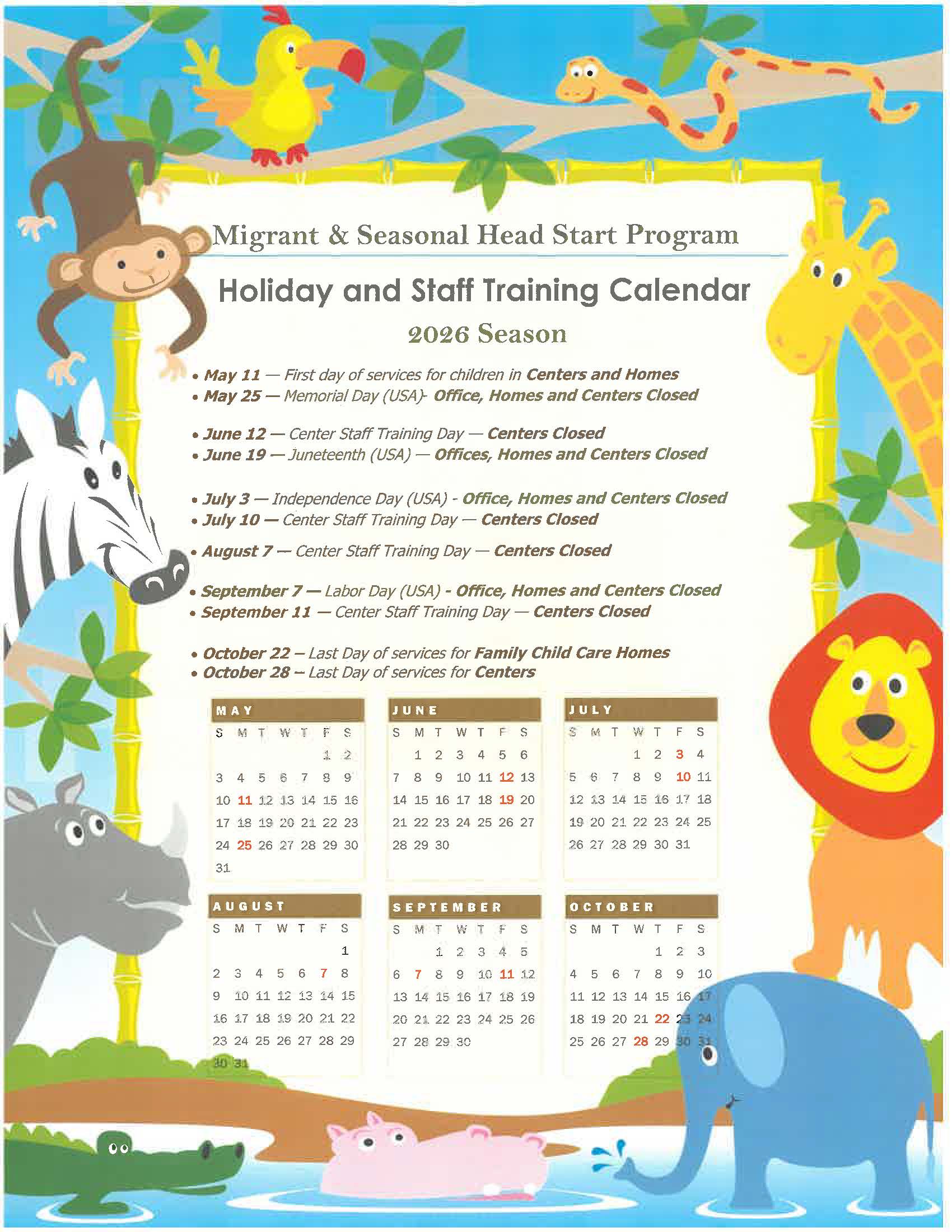 Holiday and Staff Training Calendar (details listed in the text above)